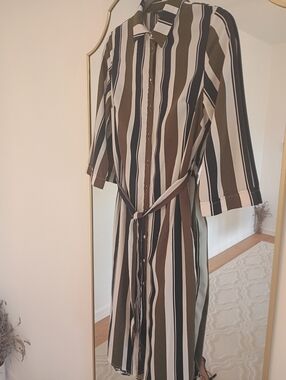 Striped Button-Front Shirt Dress in Olive and White